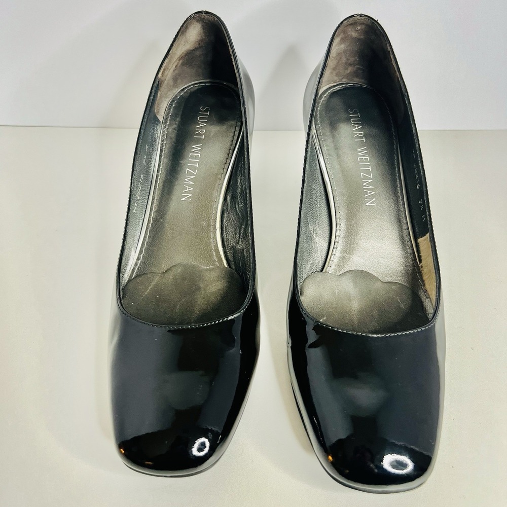 Stuart Weitzman Shoes Womens Size 7.5 Black Patent Pumps Square Toe Block Heel